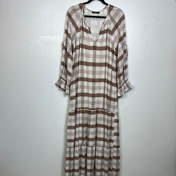 Mixed Boho Plaid V-Neck Long Sleeve Ruffle Cuffs Maxi Dress Size 6 - Picture 1 of 8